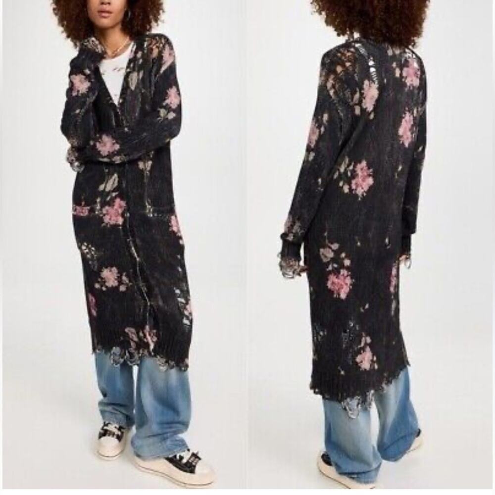 R13 Long Floral Distressed Long Knit Cardigan Duster Sweater